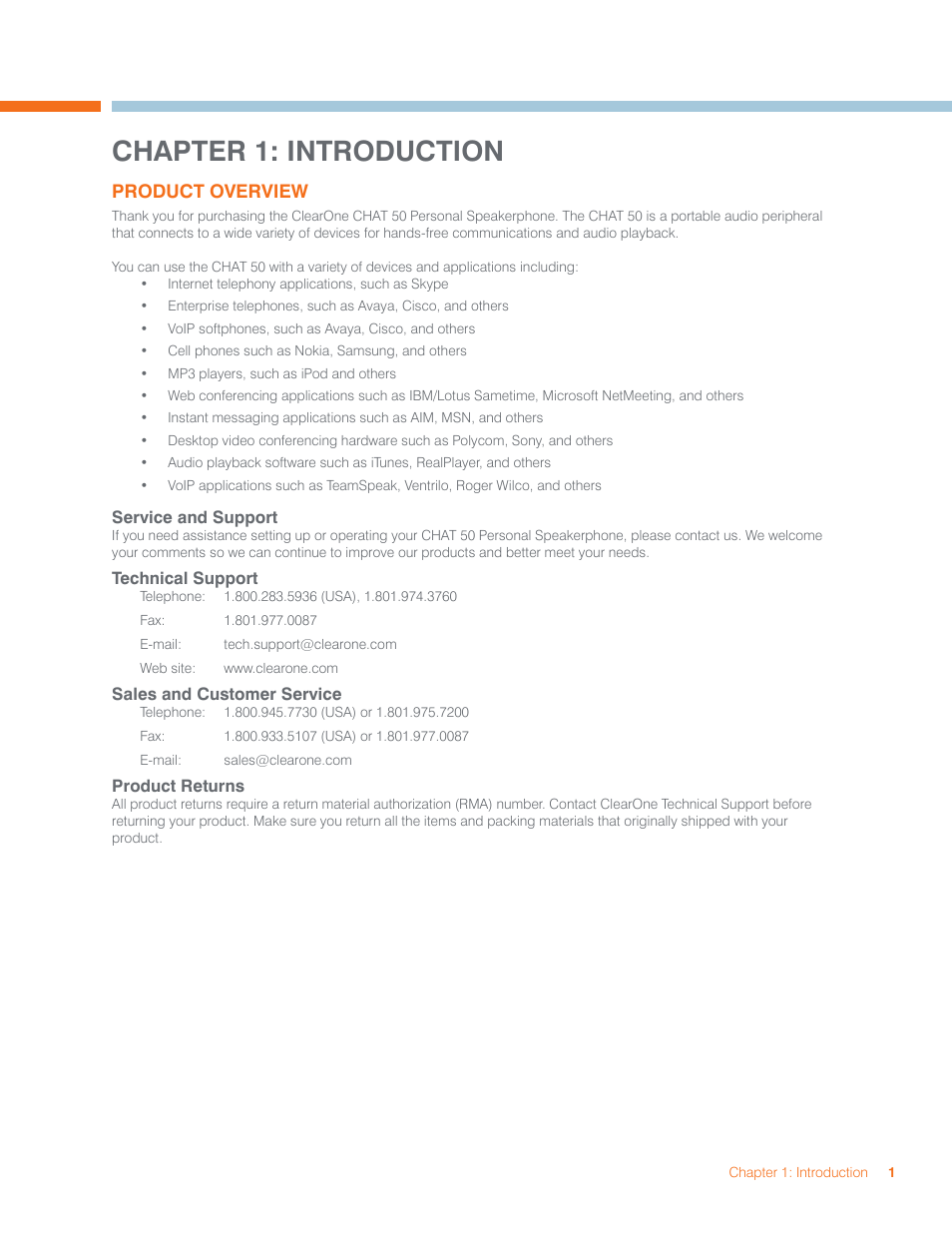 Chapter 1: introduction, Product overview | ClearOne CHAT 50 Manual User Manual | Page 4 / 25