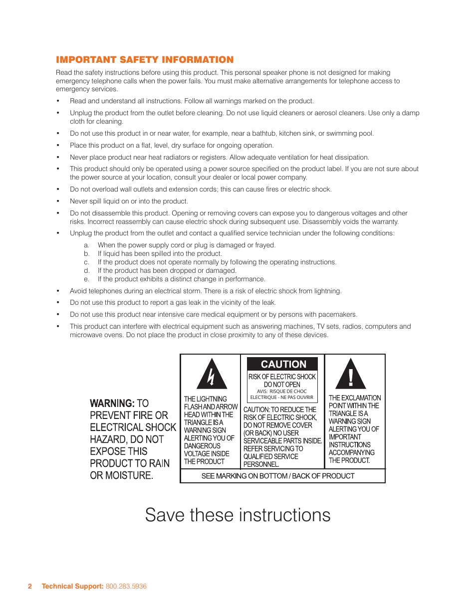 Save these instructions, Important safety information | ClearOne CHAT 50 Manual User Manual | Page 5 / 25