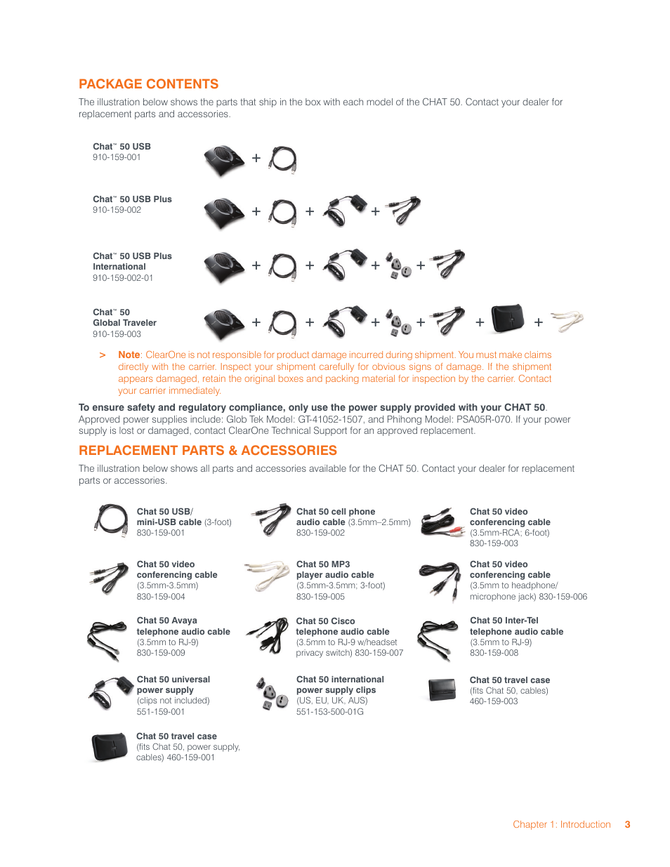 Package contents replacement parts & accessories, Package contents, Replacement parts & accessories | ClearOne CHAT 50 Manual User Manual | Page 6 / 25