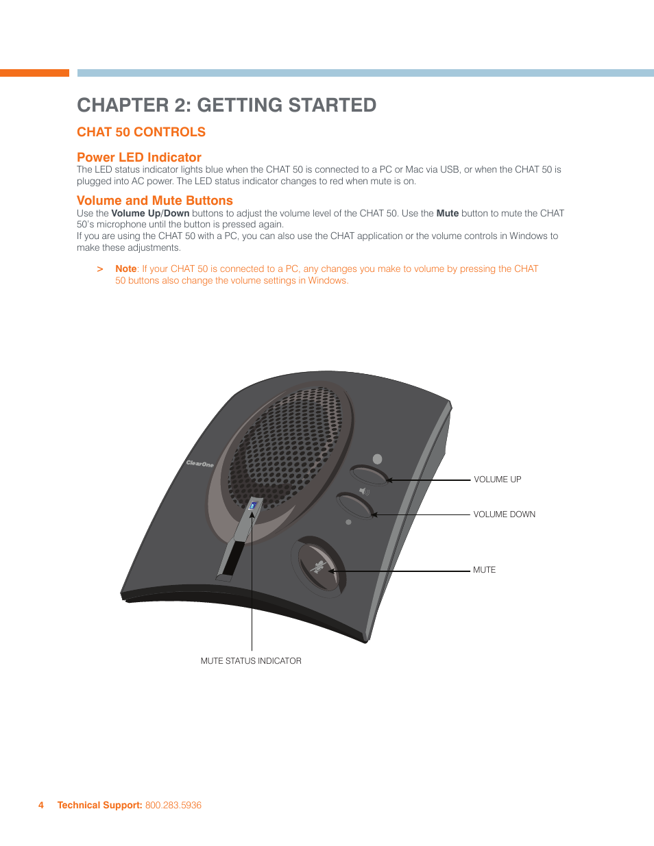 Chapter 2: getting started, Chat 50 controls, Ower | Led i, Ndicator, Olume, Uttons | ClearOne CHAT 50 Manual User Manual | Page 7 / 25