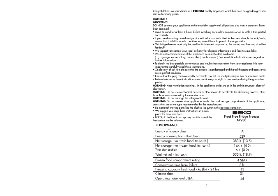 Beko AP930 User Manual | Page 2 / 21