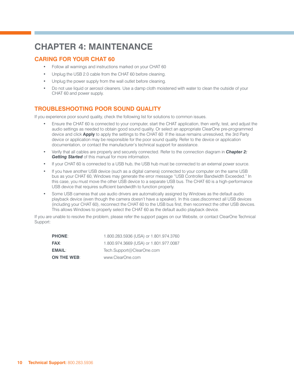 Chapter 4: maintenance, Caring for your chat 60, Troubleshooting poor sound quality | ClearOne CHAT 60 Manual User Manual | Page 13 / 16