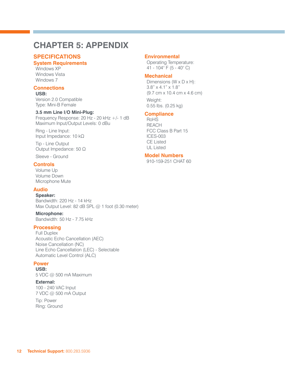 Chapter 5: appendix | ClearOne CHAT 60 Manual User Manual | Page 15 / 16