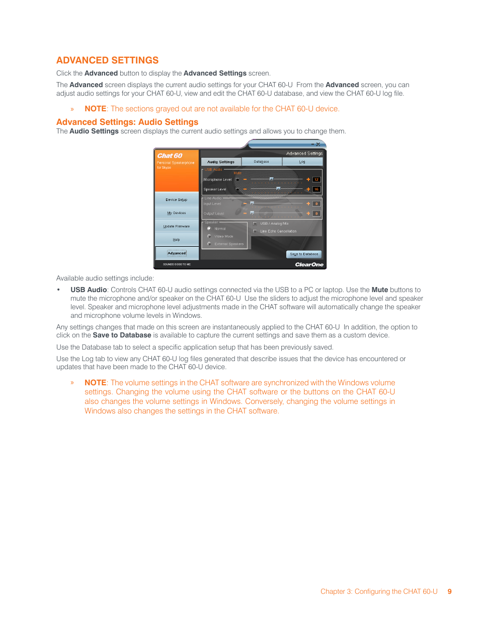 Advanced settings, Dvanced, Ettings | Udio | ClearOne CHAT 60-U Manual User Manual | Page 12 / 16