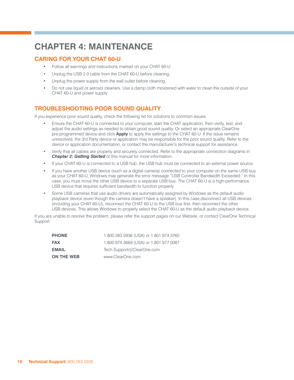 Chapter 4: maintenance, Caring for your chat 60-u, Troubleshooting poor sound quality | ClearOne CHAT 60-U Manual User Manual | Page 13 / 16