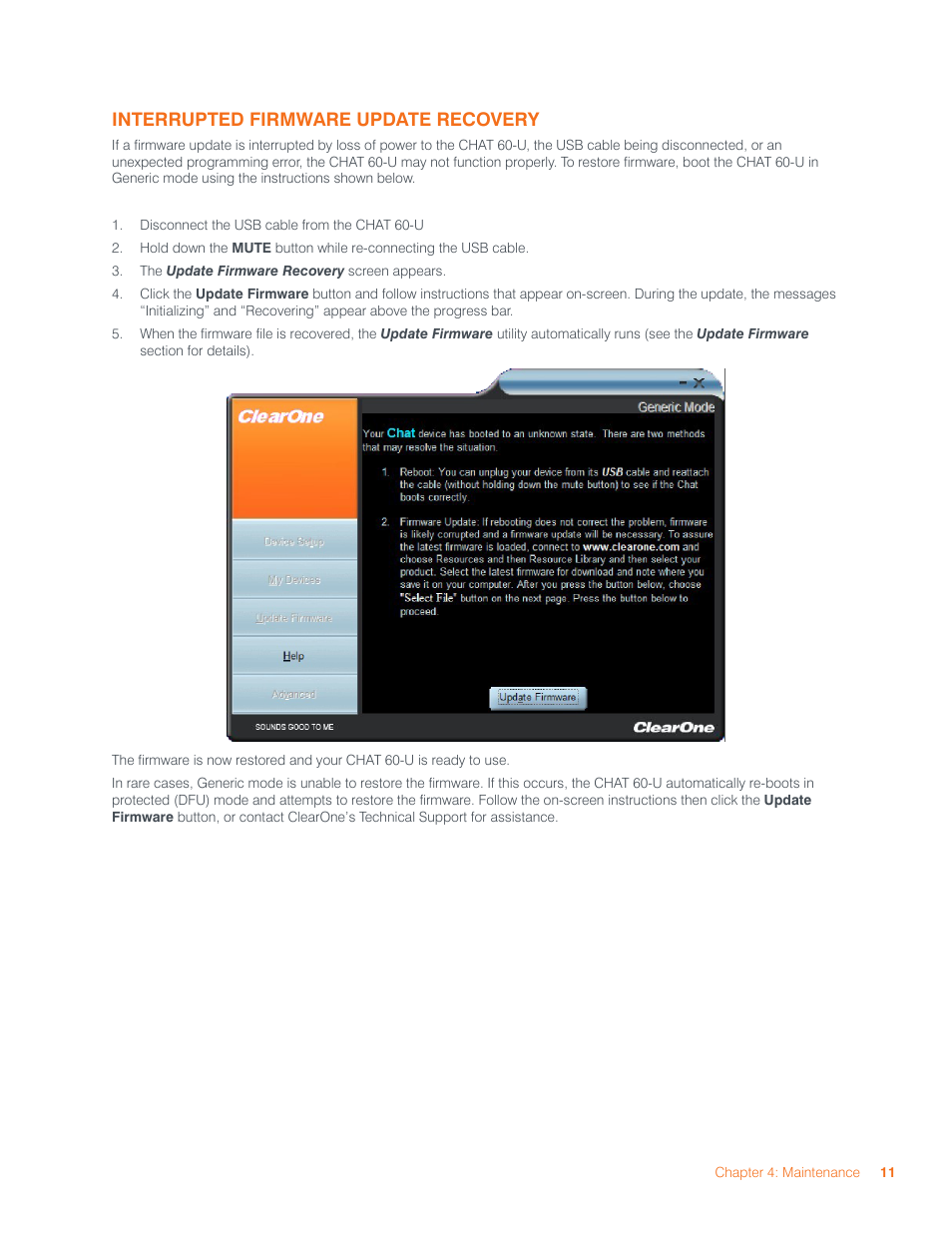 Interrupted firmware update recovery | ClearOne CHAT 60-U Manual User Manual | Page 14 / 16