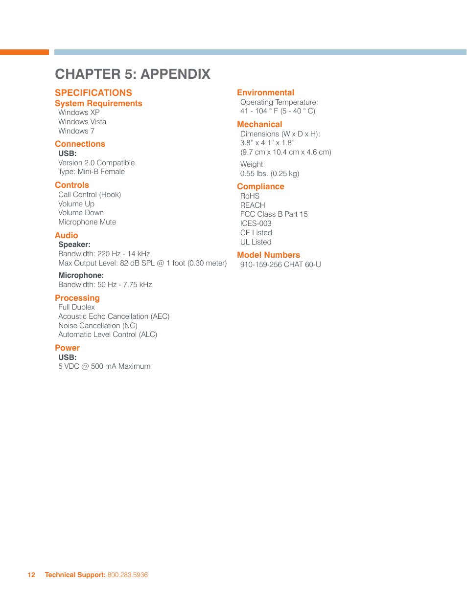 Chapter 5: appendix, Specifications, Ystem | Equirements, Onnections, Ontrols, Udio, Rocessing, Ower, Nvironmental | ClearOne CHAT 60-U Manual User Manual | Page 15 / 16