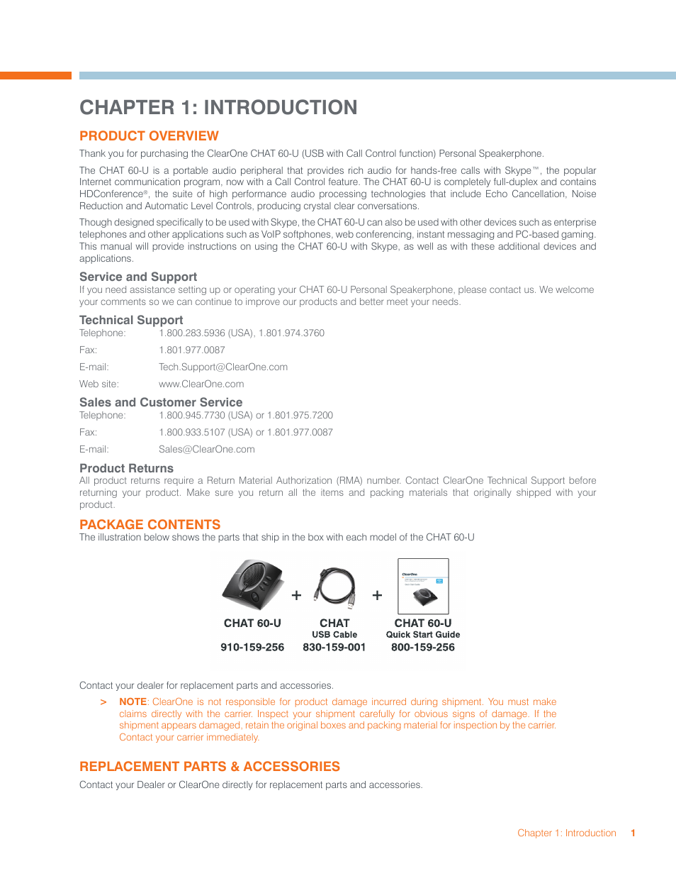 Chapter 1: introduction, Product overview, Package contents replacement parts & accessories | ClearOne CHAT 60-U Manual User Manual | Page 4 / 16