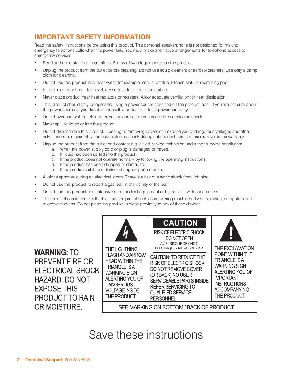 Save these instructions, Important safety information | ClearOne CHAT 60-U Manual User Manual | Page 5 / 16