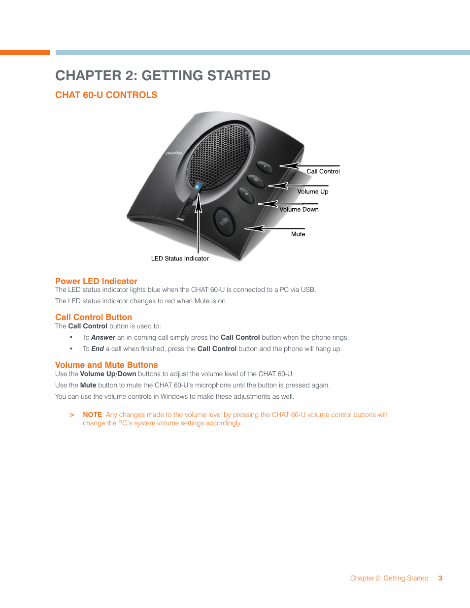 Chapter 2: getting started, Chat 60-u controls, Ower | Led i, Ndicator, Ontrol, Utton, Olume, Uttons | ClearOne CHAT 60-U Manual User Manual | Page 6 / 16