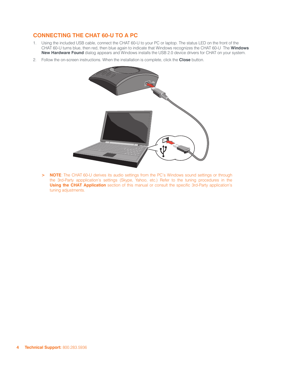 Connecting the chat 60-u to a pc | ClearOne CHAT 60-U Manual User Manual | Page 7 / 16