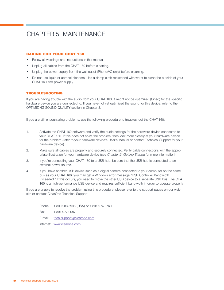 Chapter 5: maintenance | ClearOne CHAT 160 Manual User Manual | Page 38 / 44