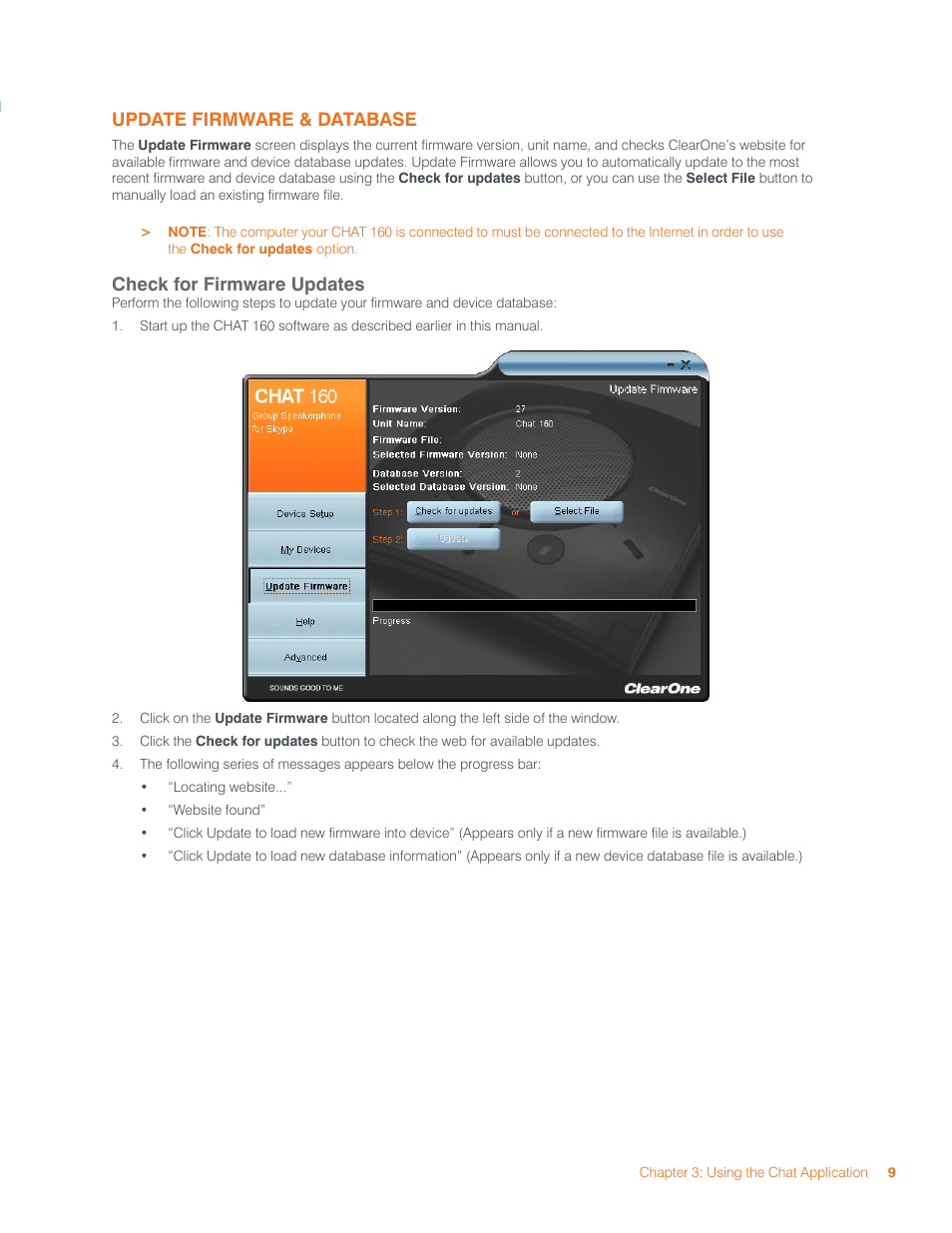 Update firmware & database, Check for firmware updates | ClearOne CHATAttach 160 Manual User Manual | Page 12 / 22