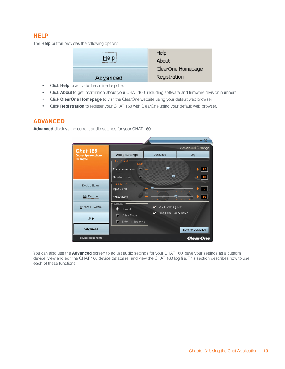 Help, Advanced | ClearOne CHATAttach 160 Manual User Manual | Page 16 / 22