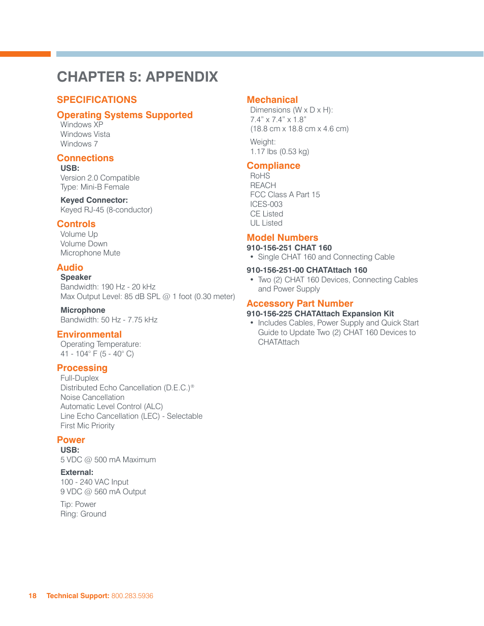 Chapter 5: appendix | ClearOne CHATAttach 160 Manual User Manual | Page 21 / 22