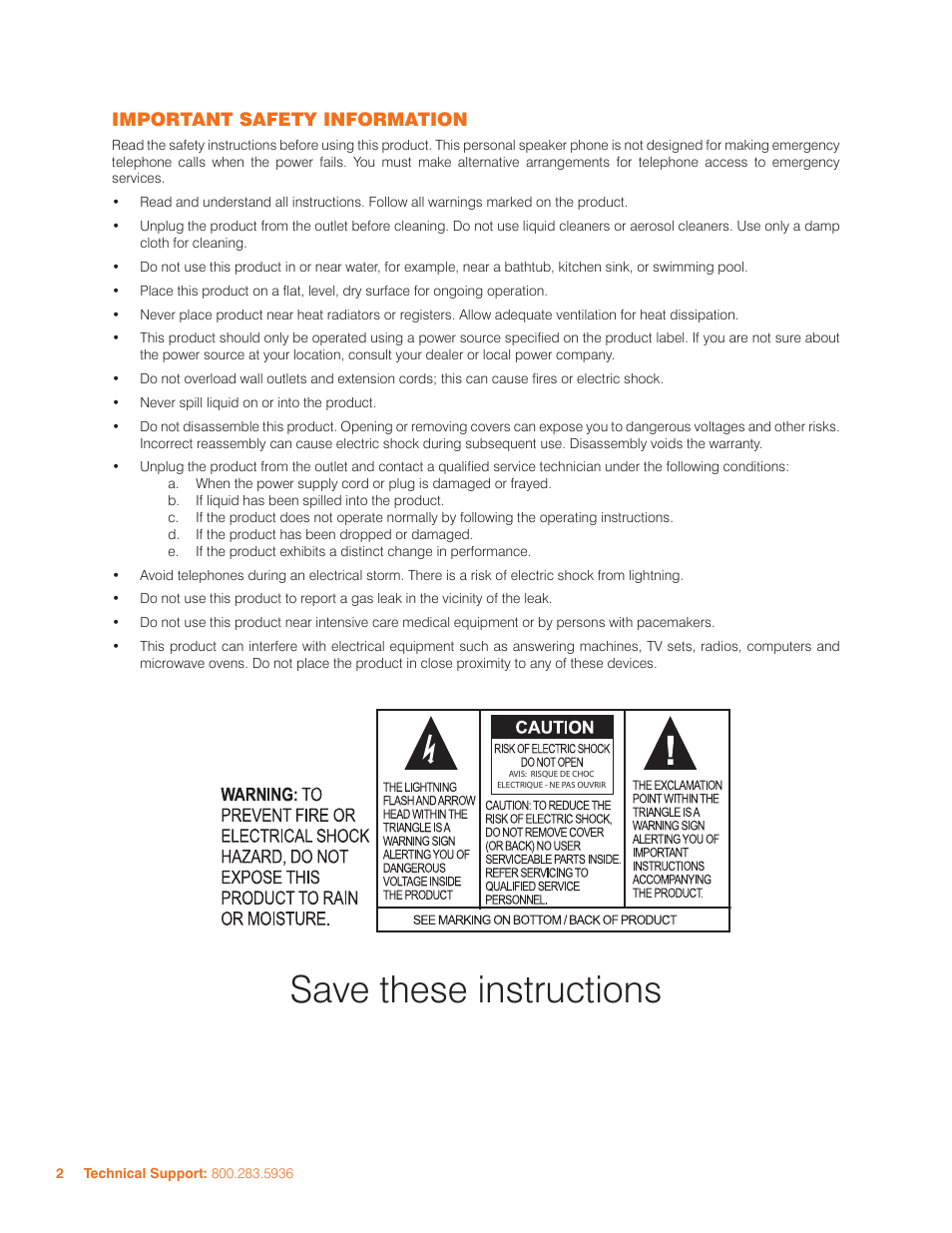 Save these instructions, Important safety information | ClearOne CHATAttach 160 Manual User Manual | Page 5 / 22