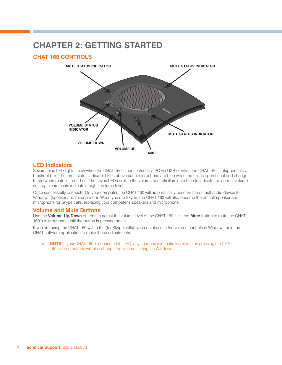 Chapter 2: getting started, Chat 160 controls led indicators, Volume and mute buttons | ClearOne CHATAttach 160 Manual User Manual | Page 7 / 22