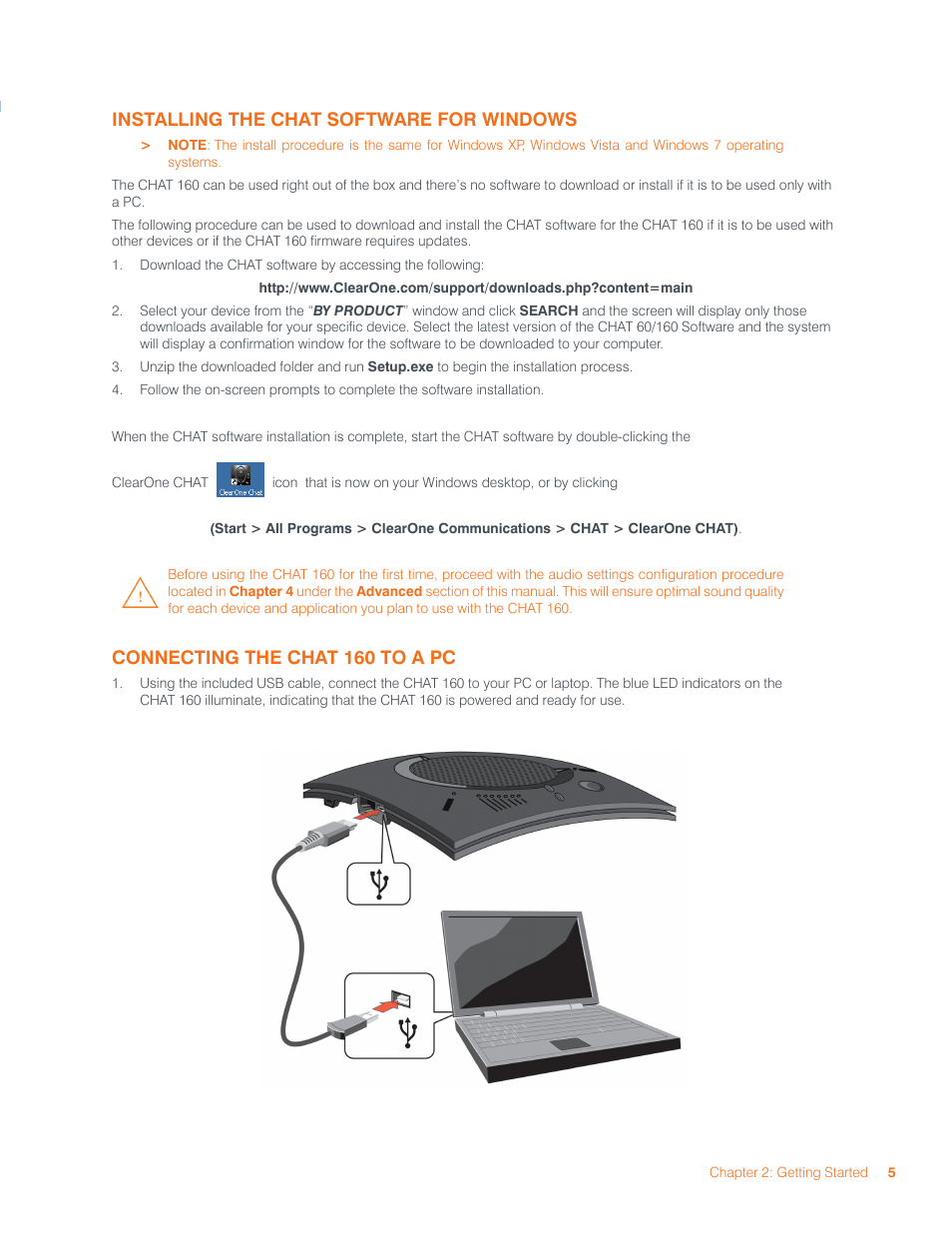 Installing the chat software for windows, Connecting the chat 160 to a pc | ClearOne CHATAttach 160 Manual User Manual | Page 8 / 22