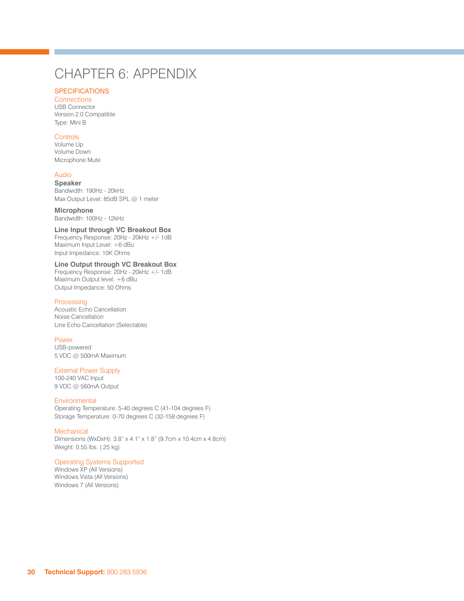 Chapter 6: appendix, Specifications, Onnections | Ontrols, Udio, Rocessing, Ower, Xternal, Upply, Nvironmental | ClearOne CHAT  Manual User Manual | Page 33 / 35