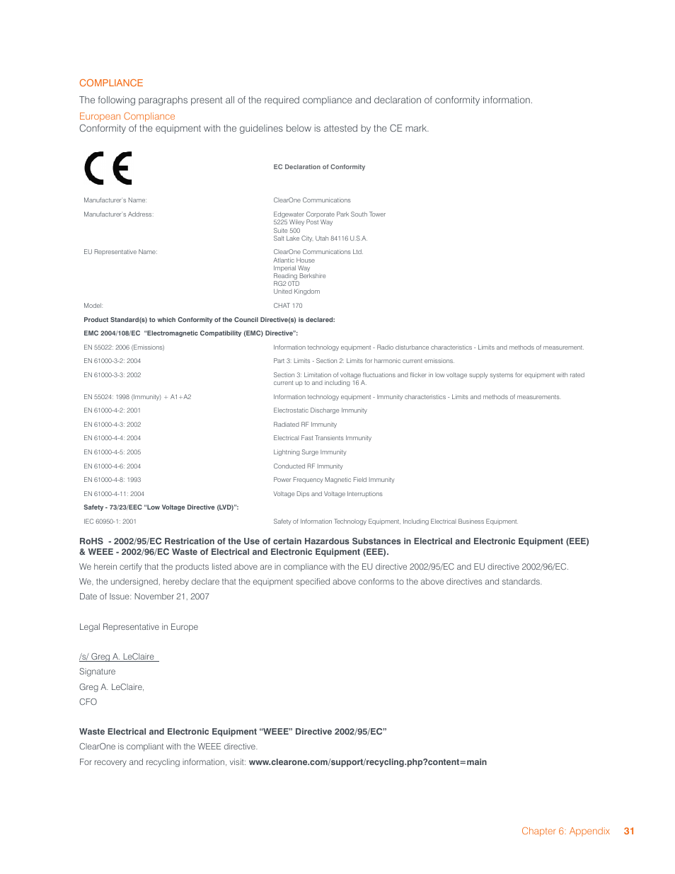 Compliance, Uropean, Ompliance | Ec declaration of conformity | ClearOne CHAT  Manual User Manual | Page 34 / 35