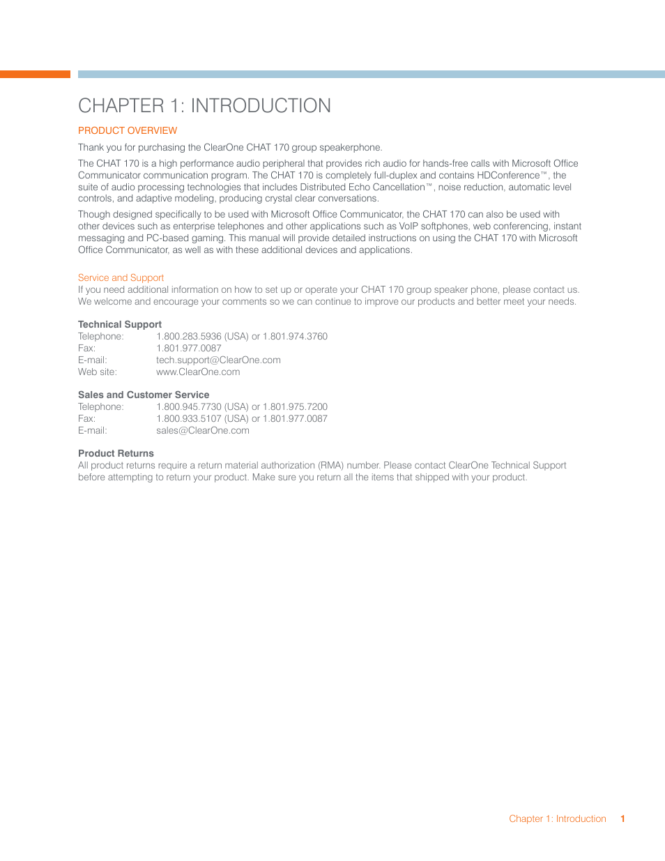 Chapter 1: introduction, Product overview, Ervice | Upport | ClearOne CHAT  Manual User Manual | Page 4 / 35