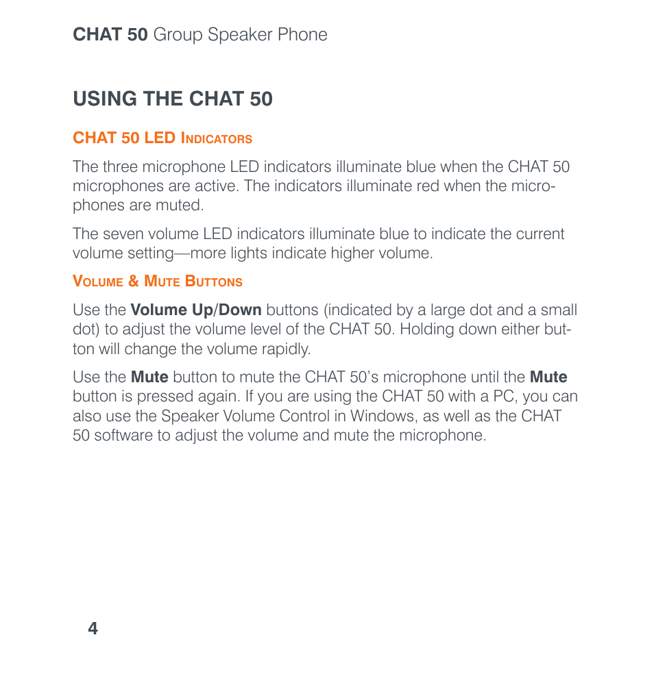 Using the chat 50, Chat 50 group speaker phone 4 | ClearOne CHAT 50 Quick Start User Manual | Page 6 / 16