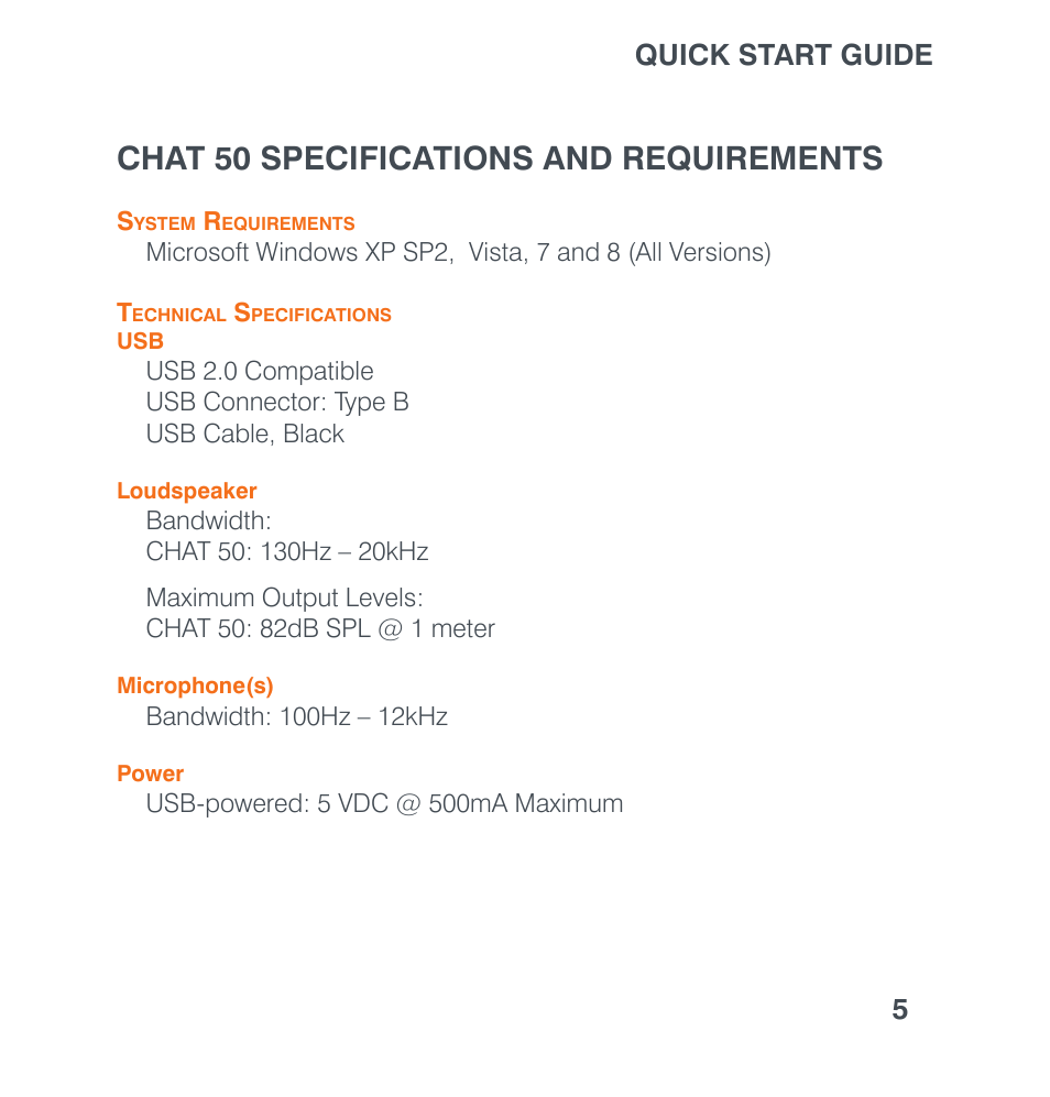 Chat 50 specifications and requirements, Quick start guide 5 | ClearOne CHAT 50 Quick Start User Manual | Page 7 / 16
