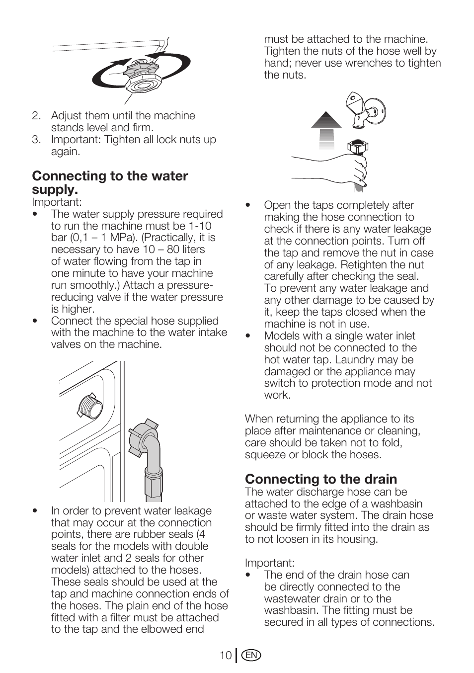 Connecting to the water supply, Connecting to the drain | Beko WMA 727 S User Manual | Page 10 / 36