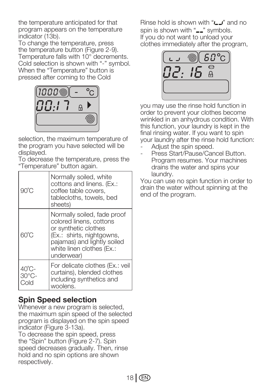 Spin speed selection | Beko WMA 727 S User Manual | Page 18 / 36