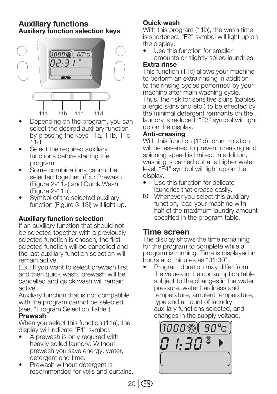 Auxiliary functions, Time screen | Beko WMA 727 S User Manual | Page 20 / 36