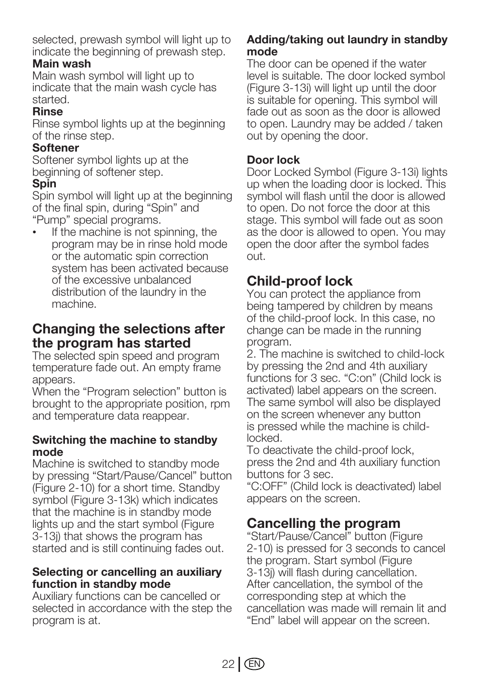 Child-proof lock, Cancelling the program | Beko WMA 727 S User Manual | Page 22 / 36