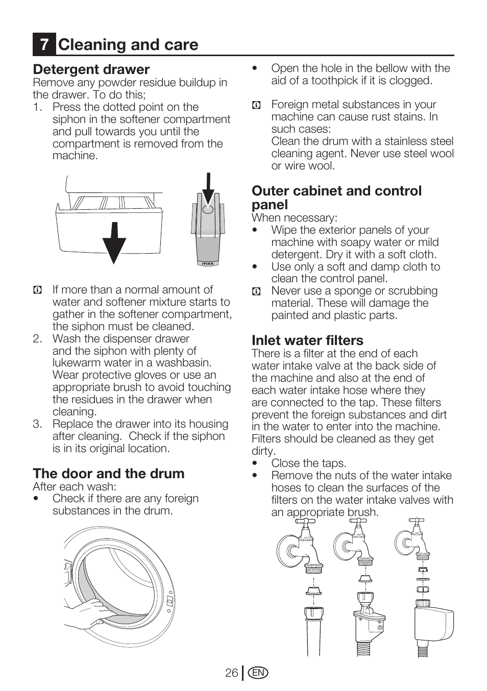 7cleaning and care, Detergent drawer, The door and the drum | Outer cabinet and control panel, Inlet water filters | Beko WMA 727 S User Manual | Page 26 / 36