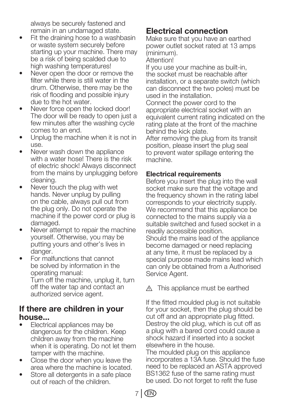 If there are children in your house, Electrical connection | Beko WMA 727 S User Manual | Page 7 / 36