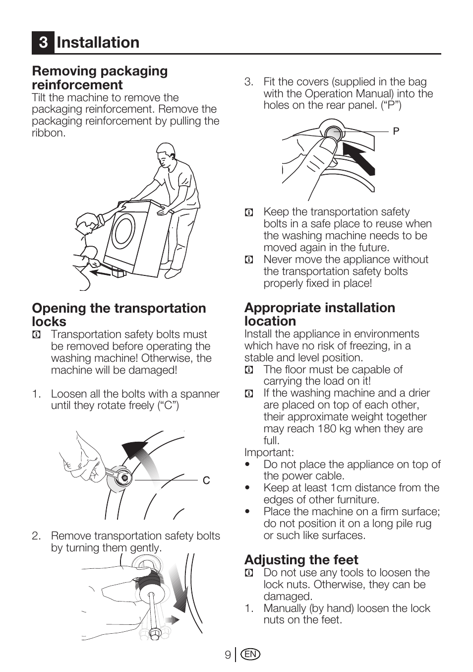 3installation, Removing packaging reinforcement, Opening the transportation locks | Appropriate installation location, Adjusting the feet | Beko WMA 727 S User Manual | Page 9 / 36