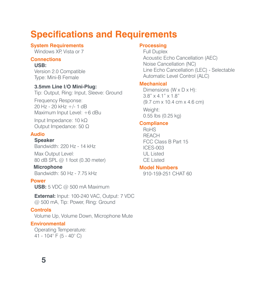 Specifications and requirements | ClearOne CHAT 60 Quick Start User Manual | Page 7 / 8