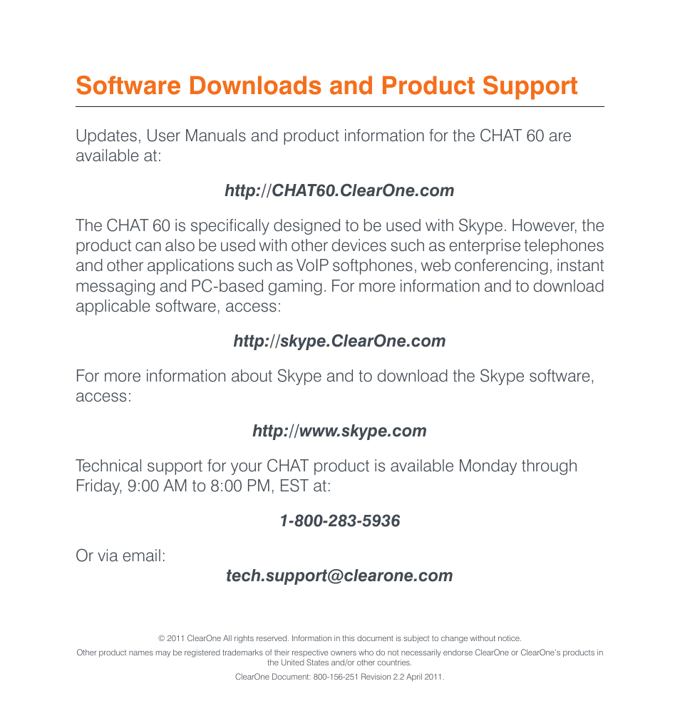 Software downloads and product support | ClearOne CHAT 60 Quick Start User Manual | Page 8 / 8