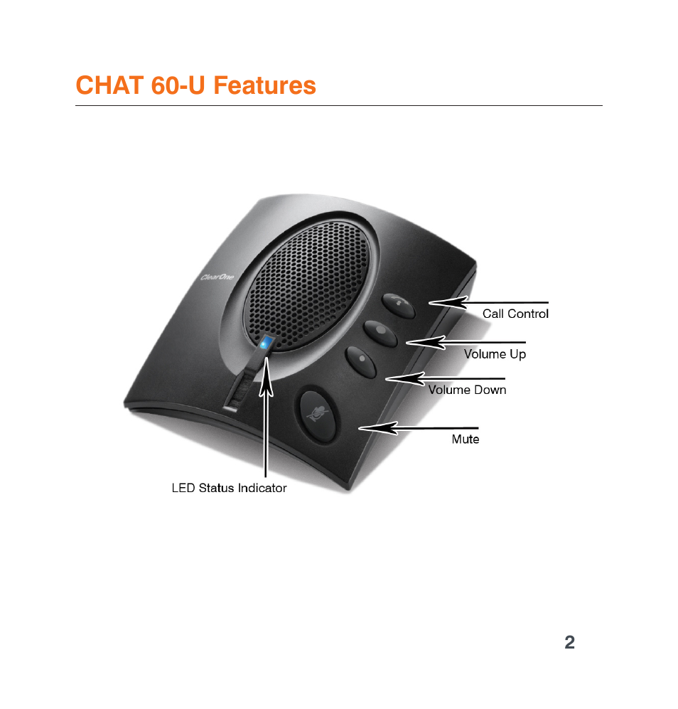 Chat 60-u features, Features | ClearOne CHAT 60-U Quick Start User Manual | Page 4 / 8