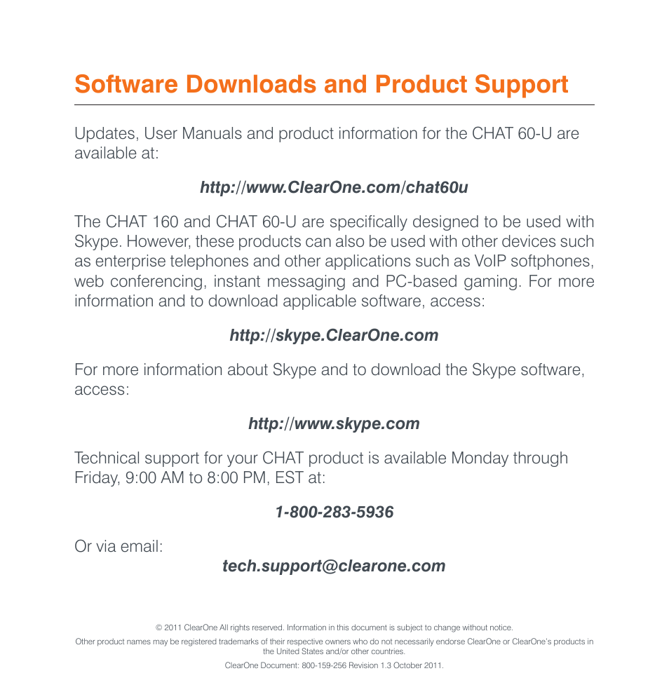 Software downloads and product support | ClearOne CHAT 60-U Quick Start User Manual | Page 8 / 8
