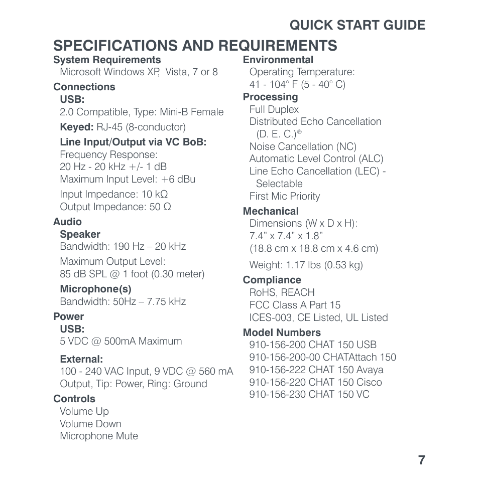 Specifications and requirements, Quick start guide 7 | ClearOne CHAT 150 Quick Start User Manual | Page 9 / 20