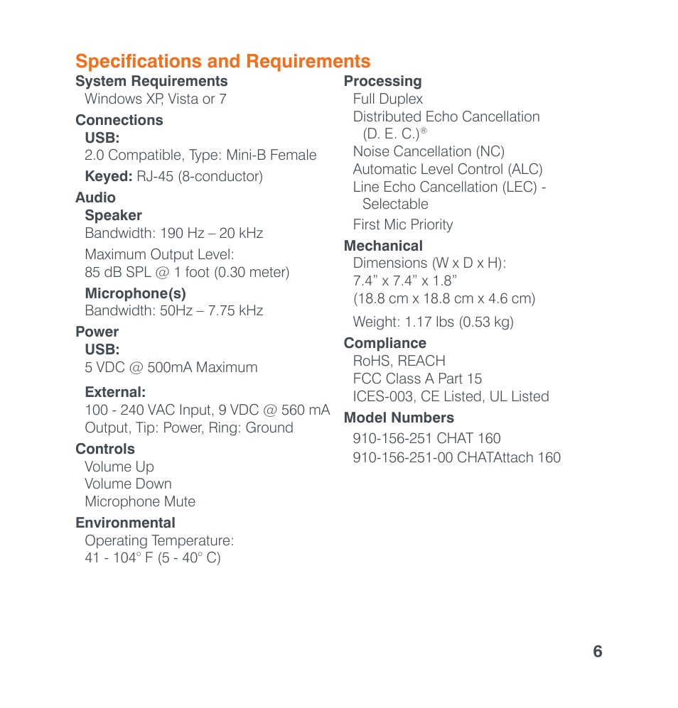 Specifications and requirements, Audio, Speaker | Microphone(s), Power, Controls, Environmental, Processing, Mechanical, Compliance | ClearOne CHATAttach 160 Quick Start User Manual | Page 8 / 9