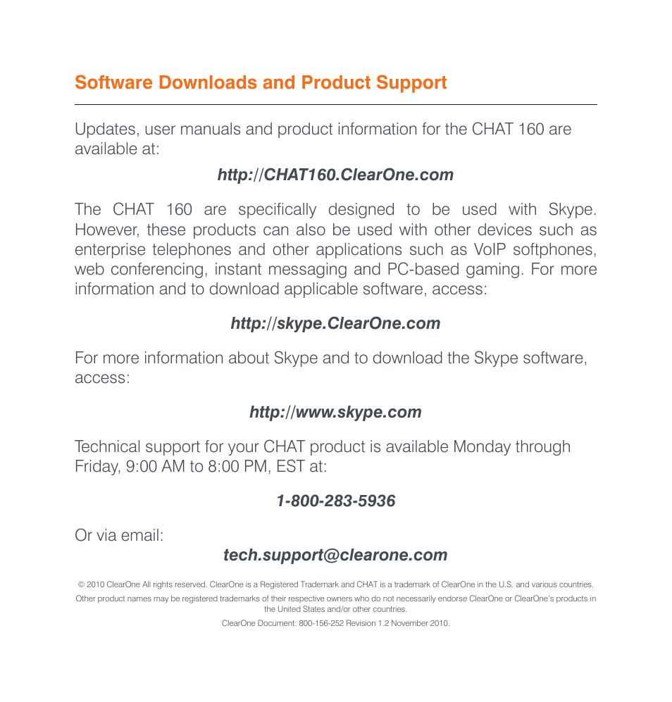 Software downloads and product support | ClearOne CHATAttach 160 Quick Start User Manual | Page 9 / 9