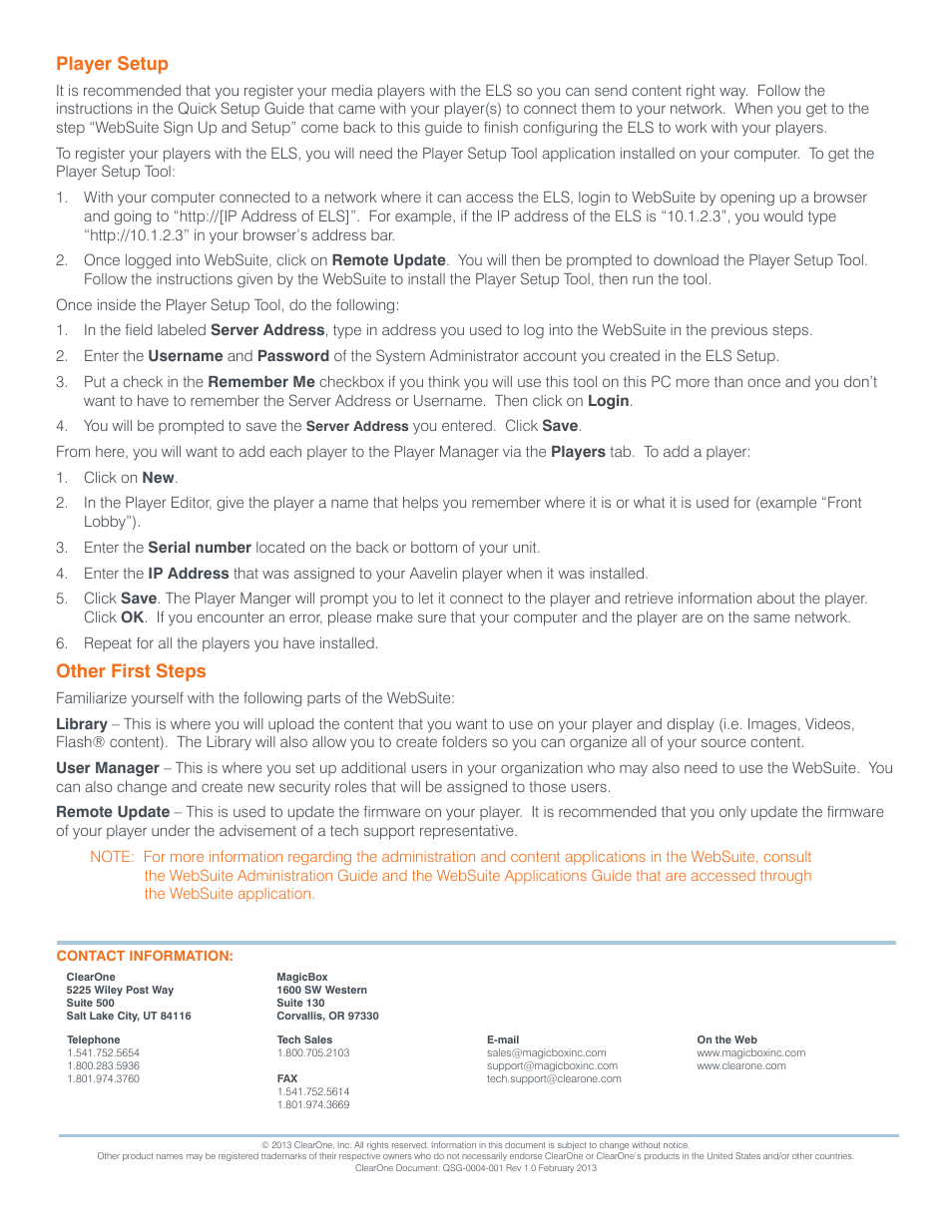 Player setup, Other first steps | ClearOne WebSuite ELS User Manual | Page 2 / 2