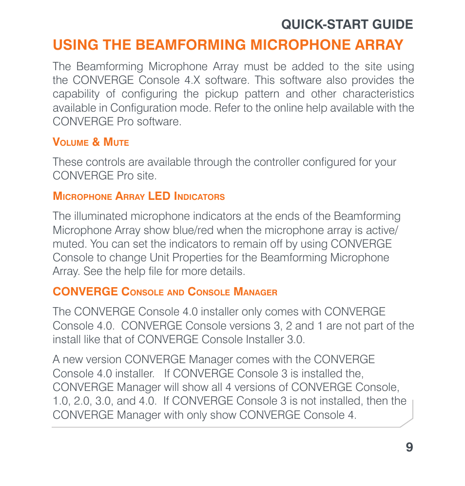 Using the beamforming microphone array, Volume & mute, Microphone array led indicators | Converge console and console manager, Using the microphone array, Olume, Icrophone, Rray, Ndicators, Converge c | ClearOne Beamforming Microphone Array Quick Star User Manual | Page 11 / 14