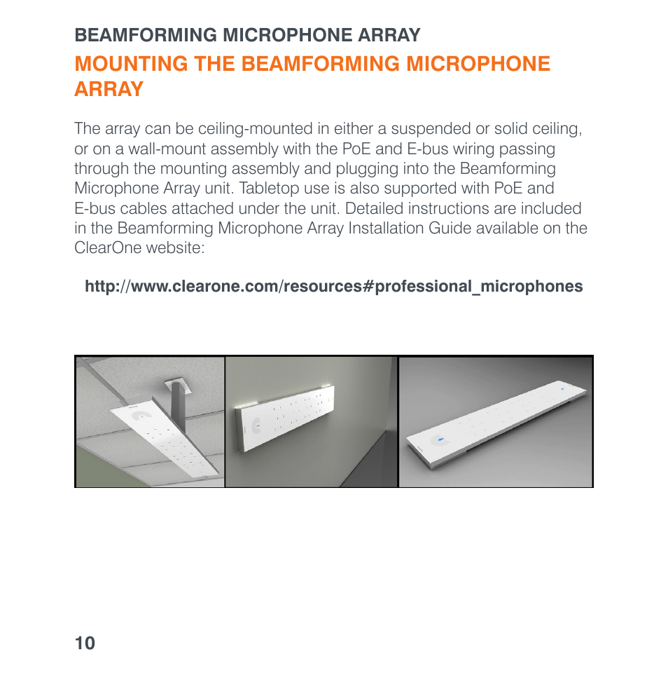 Mounting the beamforming microphonearray, Mounting the beamforming microphone array | ClearOne Beamforming Microphone Array Quick Star User Manual | Page 12 / 14