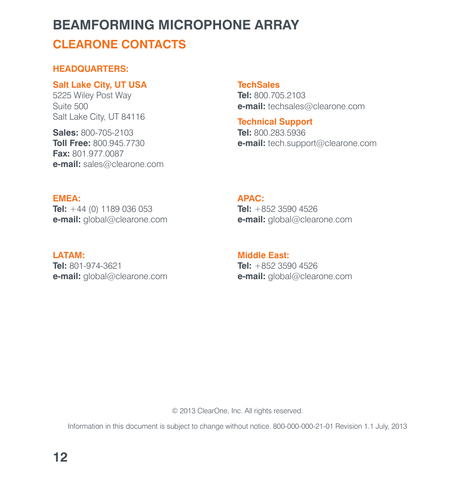 Beamforming microphone array 12, Clearone contacts | ClearOne Beamforming Microphone Array Quick Star User Manual | Page 14 / 14