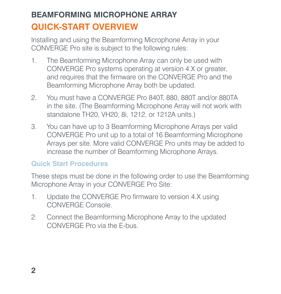 Quick-start overview, Quick start procedures, Uick | Tart, Rocedures | ClearOne Beamforming Microphone Array Quick Star User Manual | Page 4 / 14