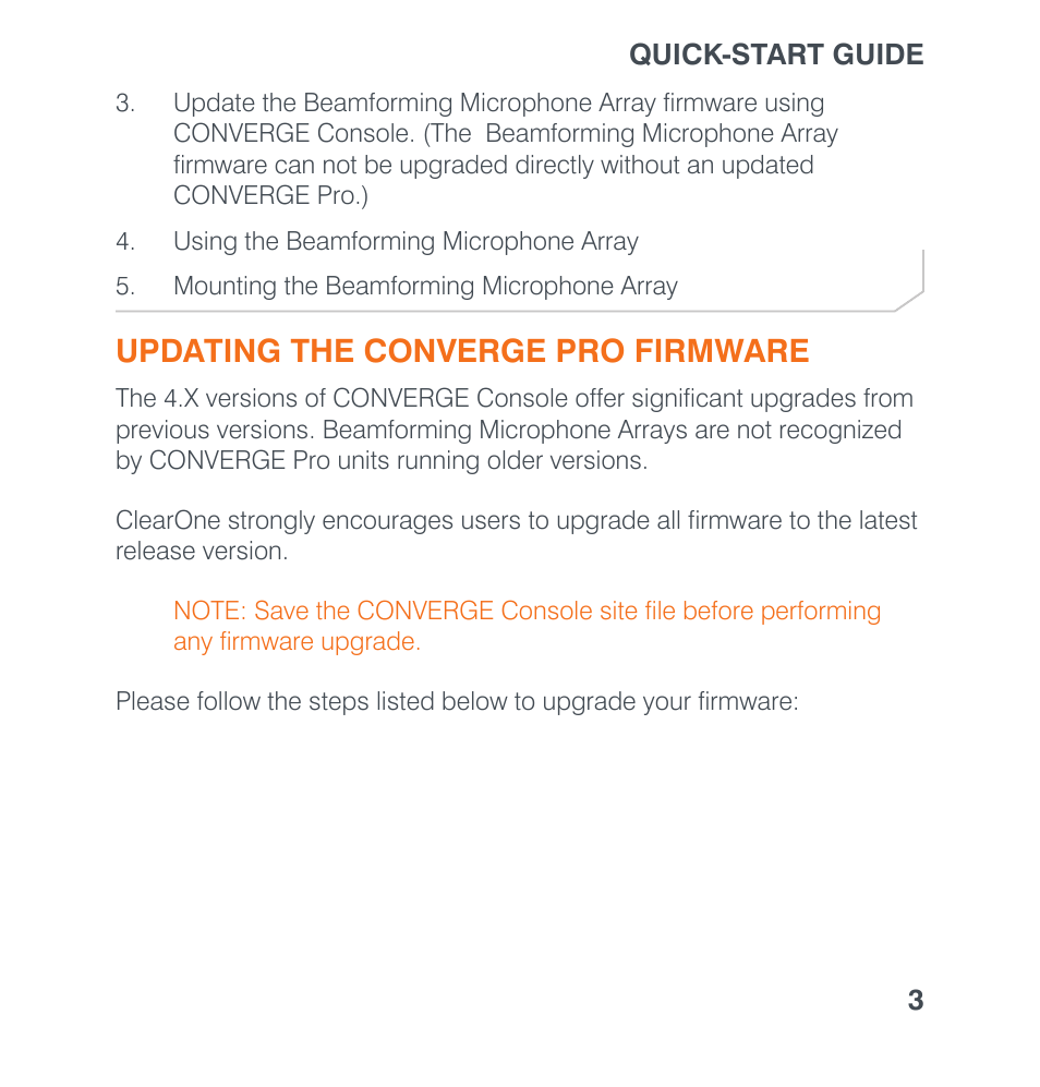 Updating the converge pro firmware | ClearOne Beamforming Microphone Array Quick Star User Manual | Page 5 / 14