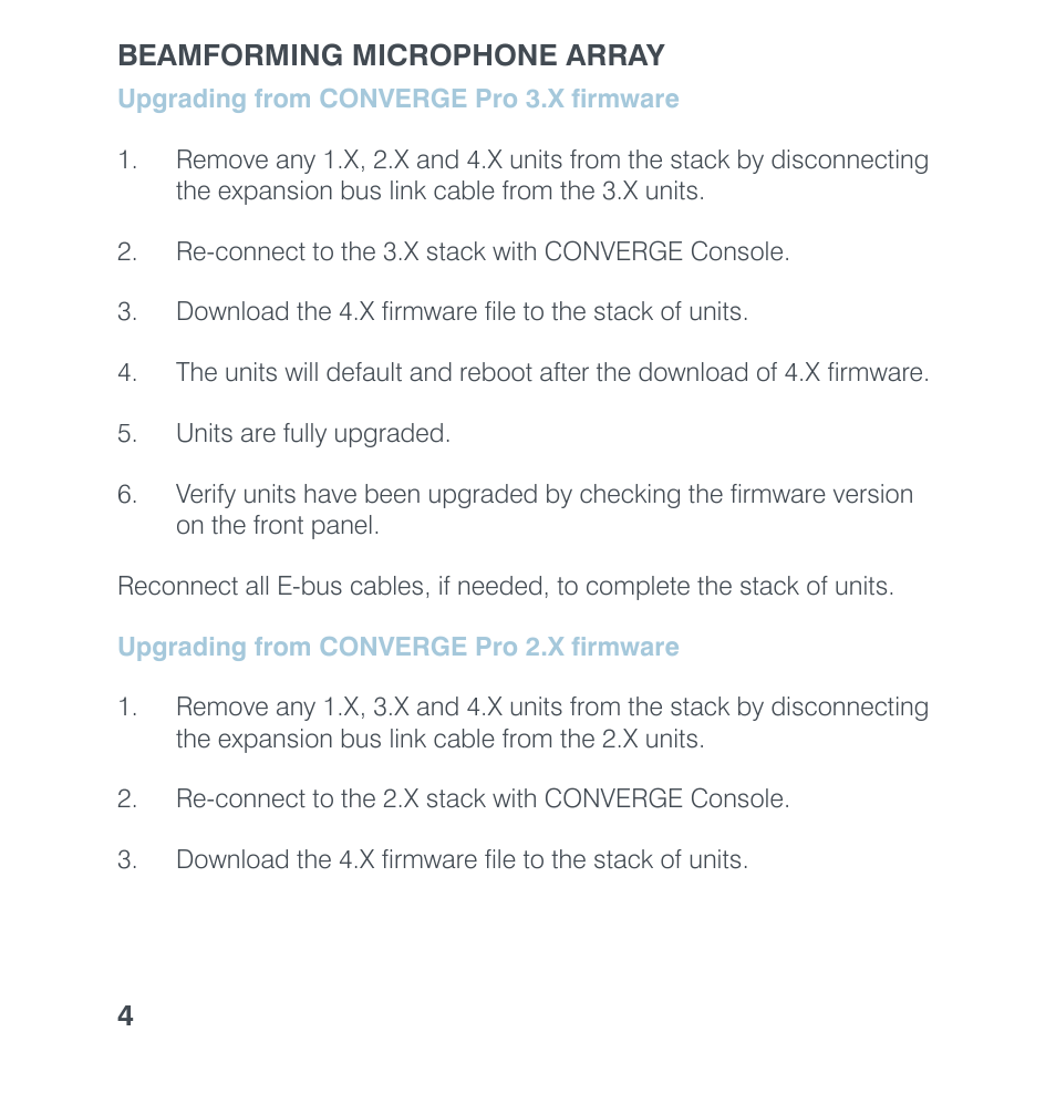 Upgrading from converge pro 3.x firmware, Upgrading from converge pro 2.x firmware, Pgrading | From, Converge p, Firmware | ClearOne Beamforming Microphone Array Quick Star User Manual | Page 6 / 14