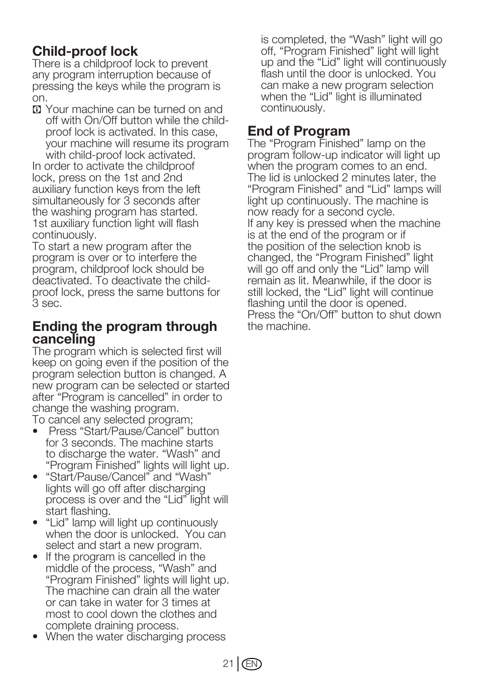 Child-proof lock, Ending the program through canceling, End of program | Beko WM 6123 S User Manual | Page 21 / 36