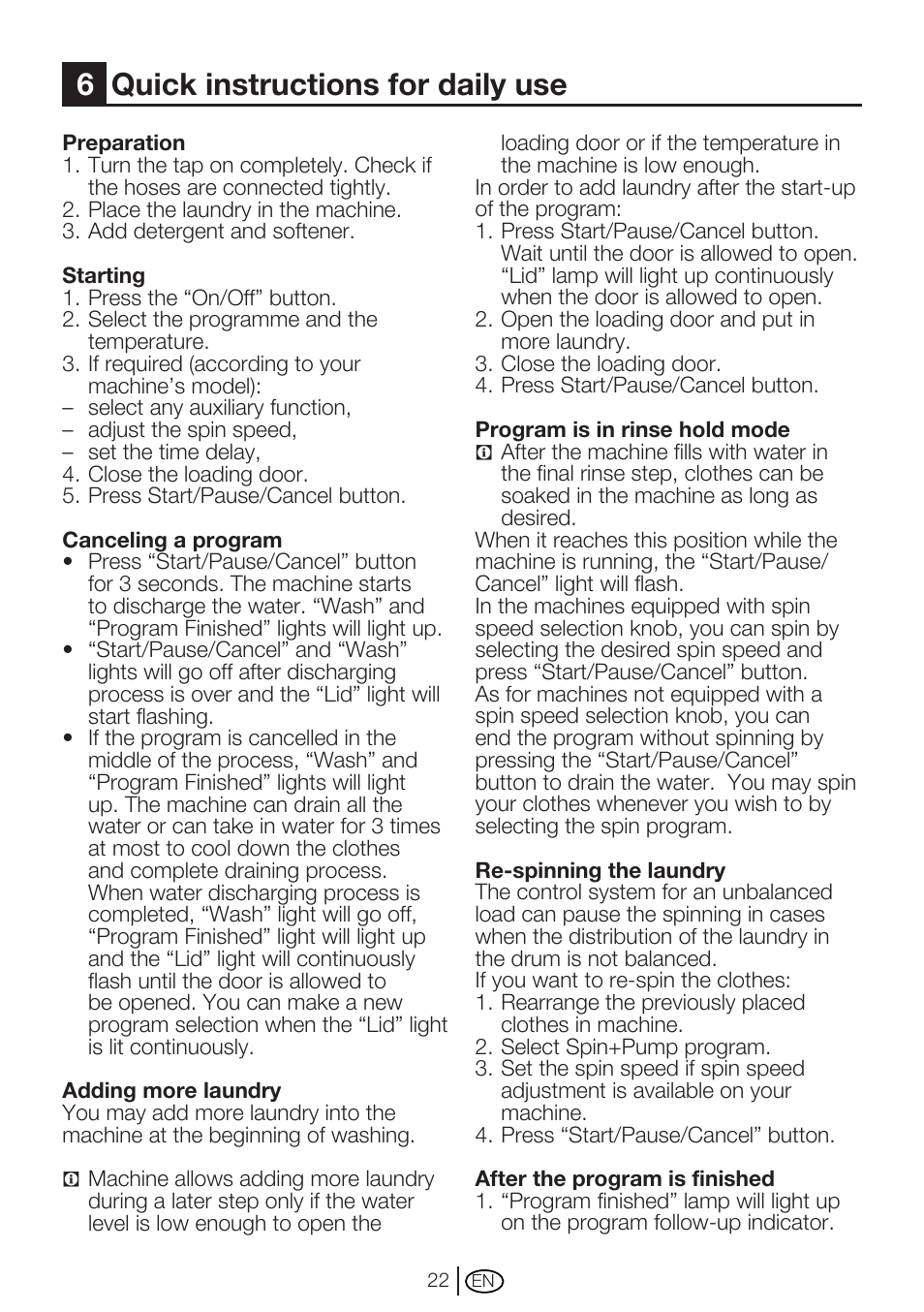 6quick instructions for daily use | Beko WM 6123 S User Manual | Page 22 / 36
